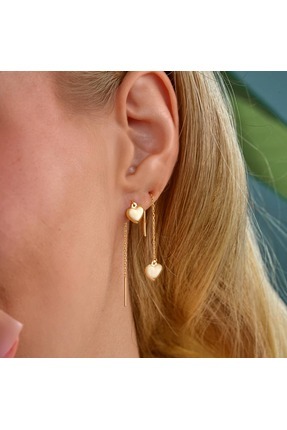YCL JEWELLERY 8 Ayar (ÇİFT) Altın Zarif Sallantılı Kalp Küpe