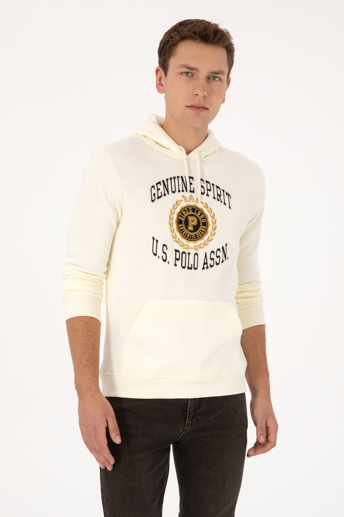 یو اس پولو سویشرت مردانه کلاه‌دار کرم رنگ مدل Regular Fit 50308999-VR256