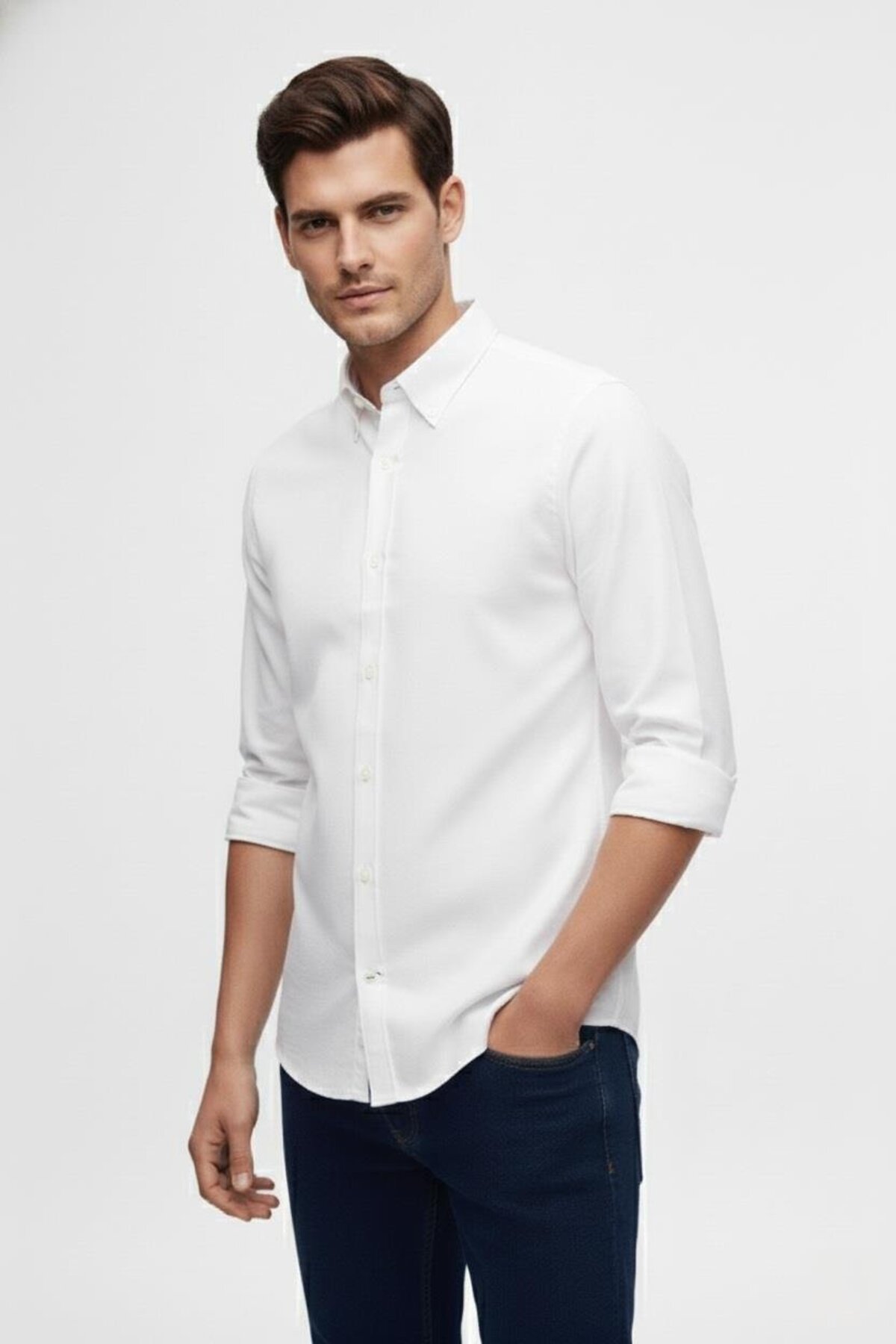 Efor  Slim Fit %100 Pamuk Düğmeli Yaka Oxford Beyaz Gömlek GK 2026 - Görsel 3
