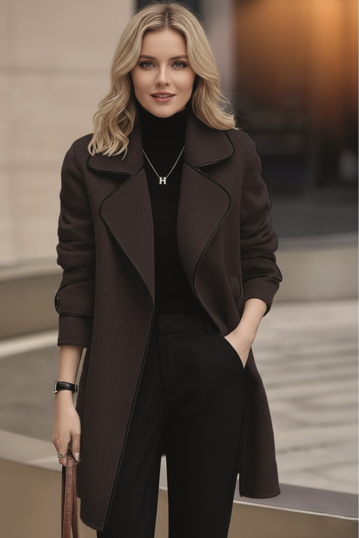 Barbora Kaşe Kadın Şık Yaka Kaban ve Kemer görsel 3