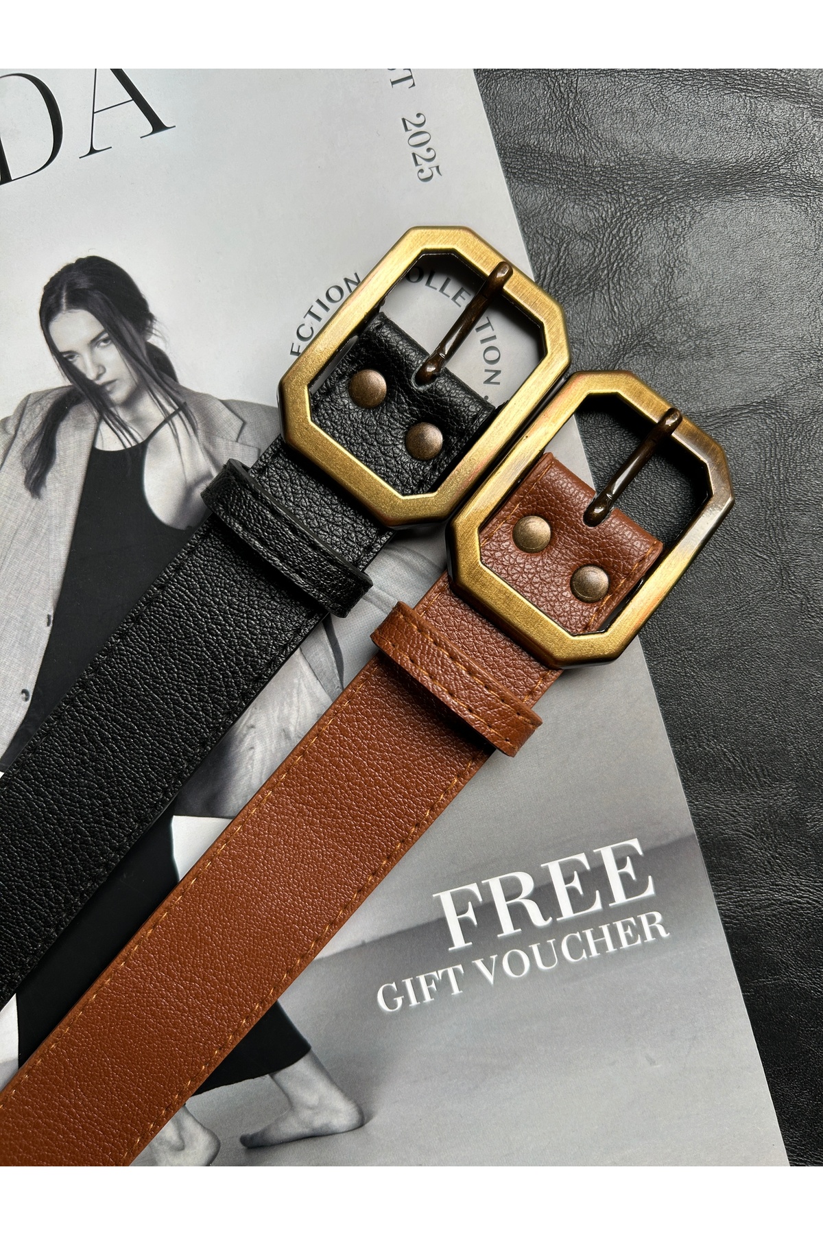 2pcs Liaison Rectangle Pattern Women Antique Gold Buckle Belt Jacket Belt Dress Belt Pants Belt