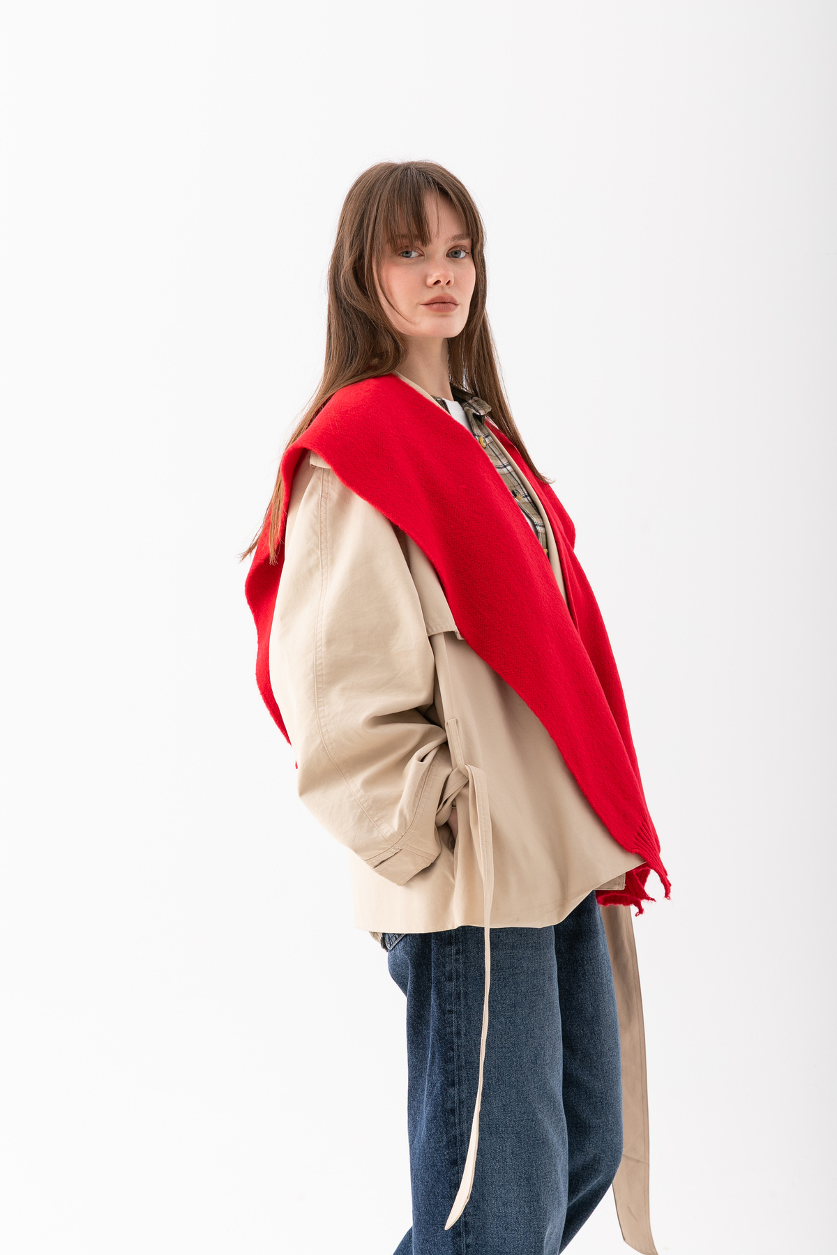 Loov  Kare Yaka Bağlamalı Triko Atkı - Kare Parçalı Atkı - Triko Omuz Atkısı Ofis Günlük Moda Atkı - Görsel 6