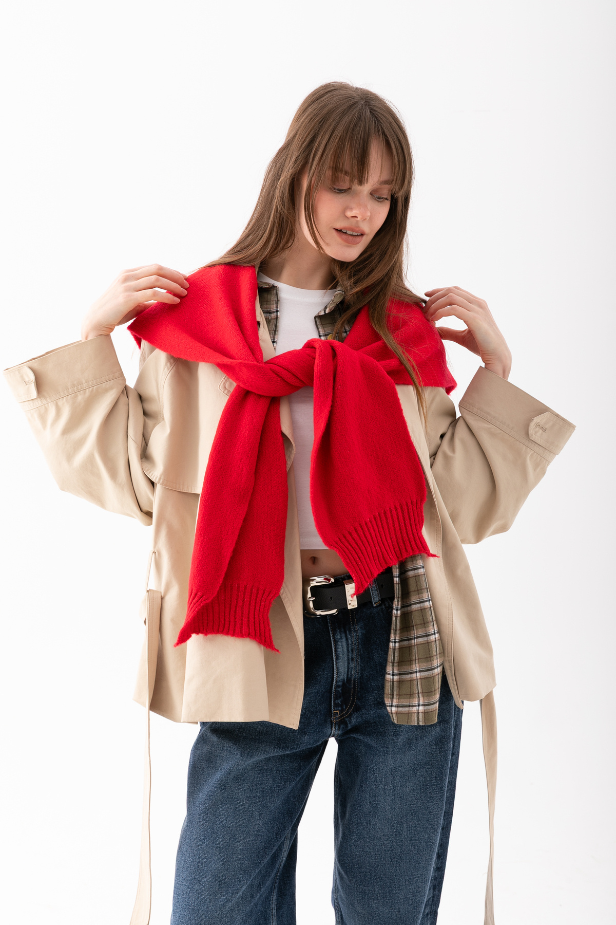 Loov  Kare Yaka Bağlamalı Triko Atkı - Kare Parçalı Atkı - Triko Omuz Atkısı Ofis Günlük Moda Atkı - Görsel 3