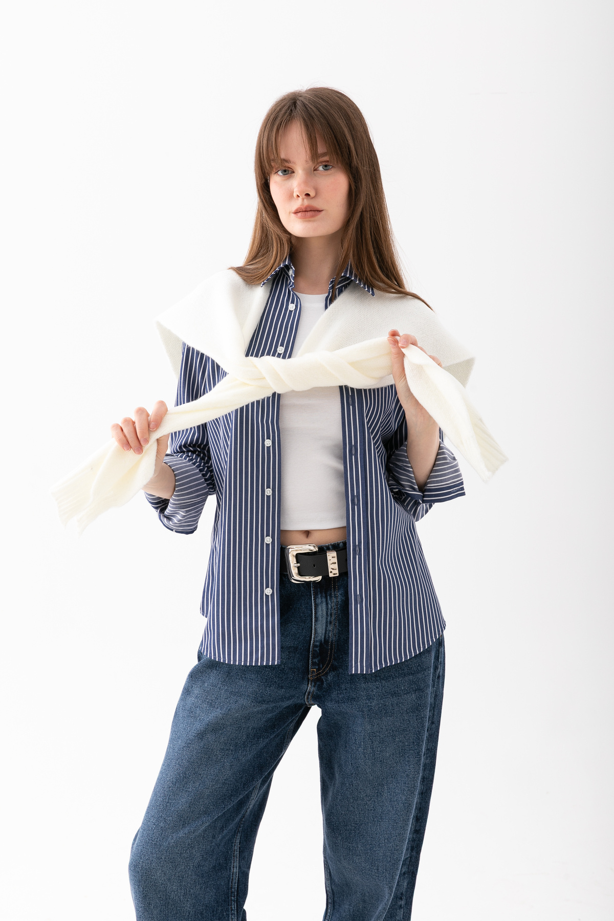 Loov  Yumoş Kare Yaka Bağlamalı Triko Atkı - Kare Parçalı Atkı - Triko Omuz Atkısı Ofis Günlük Moda Atkı - Görsel 5