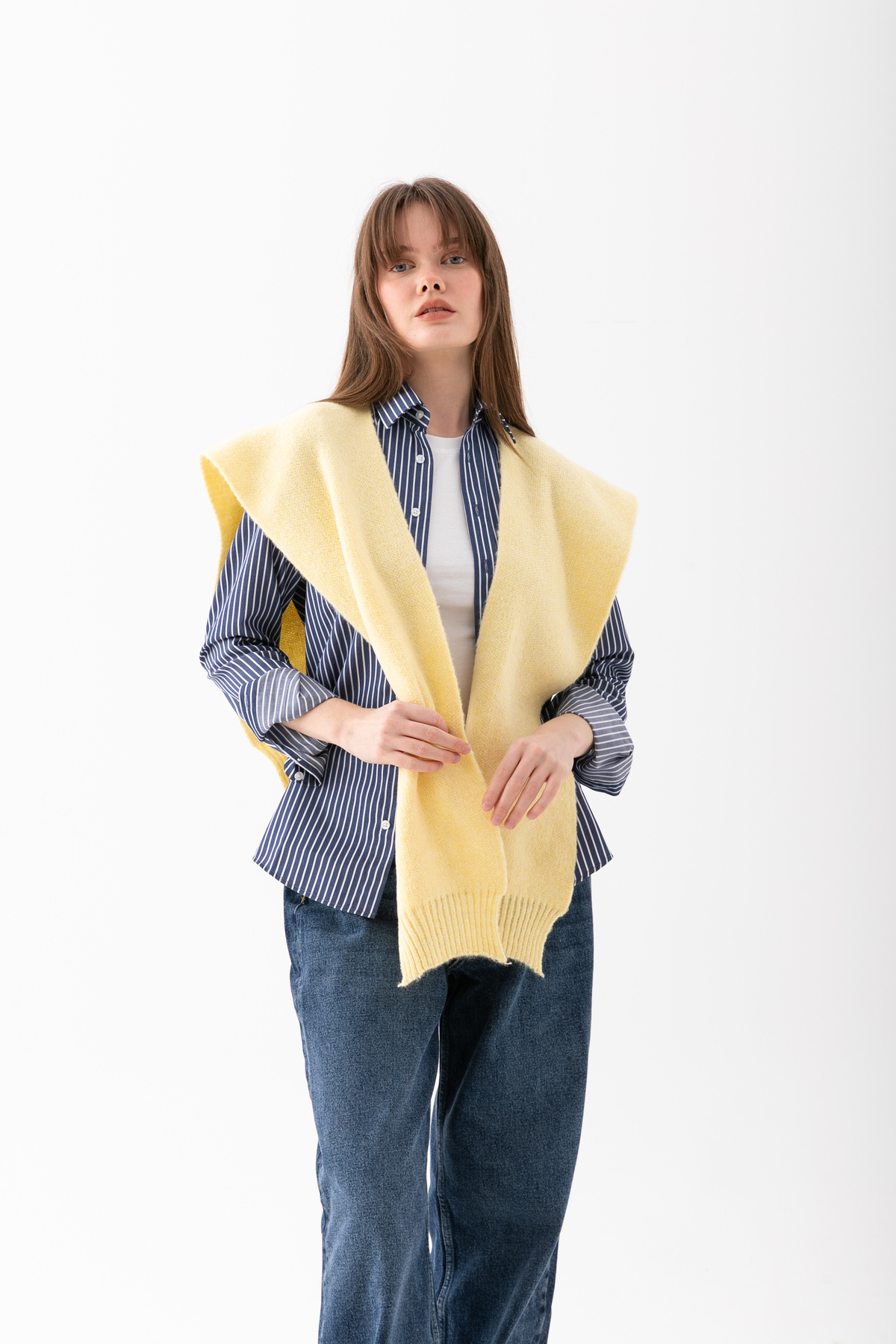 Loov  Yumoş Kare Yaka Bağlamalı Triko Atkı - Kare Parçalı Atkı - Triko Omuz Atkısı Ofis Günlük Moda Atkı - Görsel 5