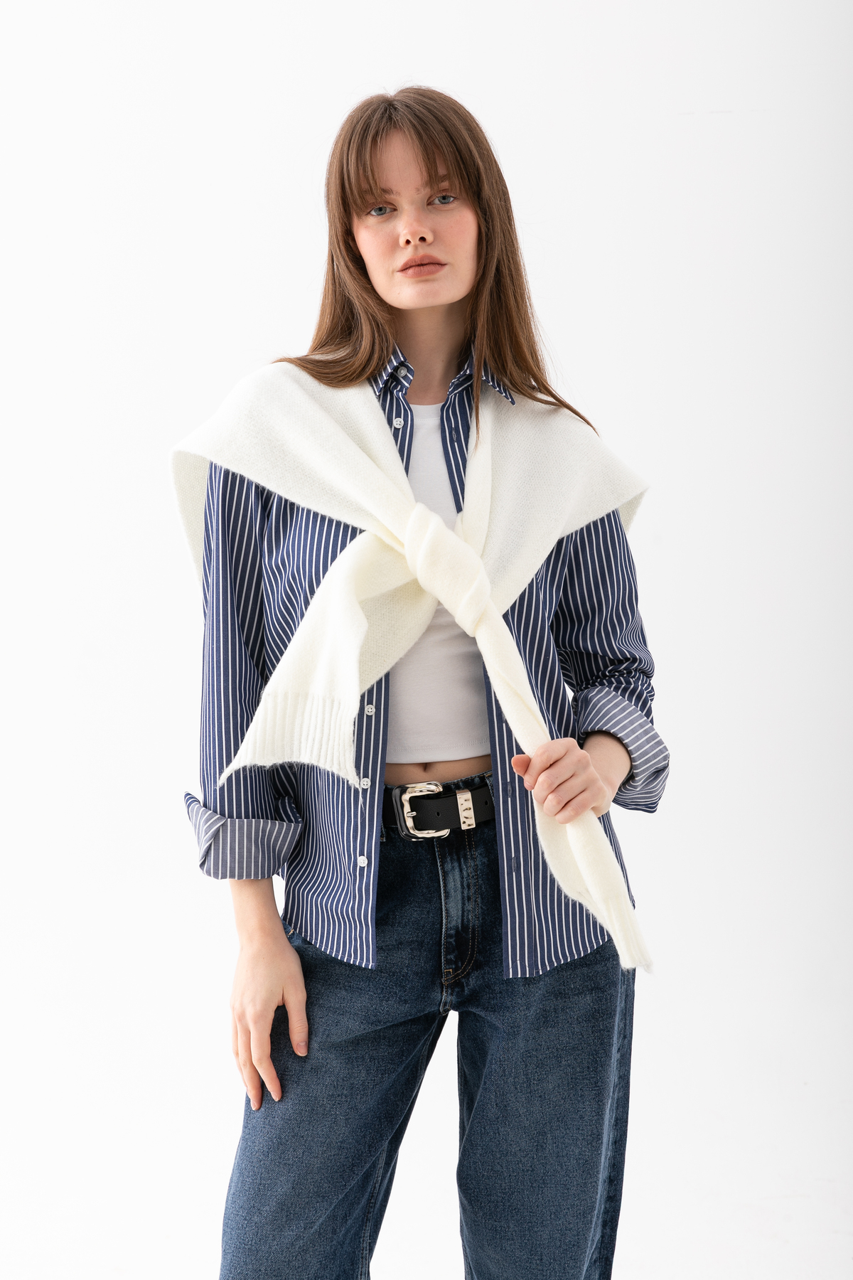 Loov  Yumoş Kare Yaka Bağlamalı Triko Atkı - Kare Parçalı Atkı - Triko Omuz Atkısı Ofis Günlük Moda Atkı