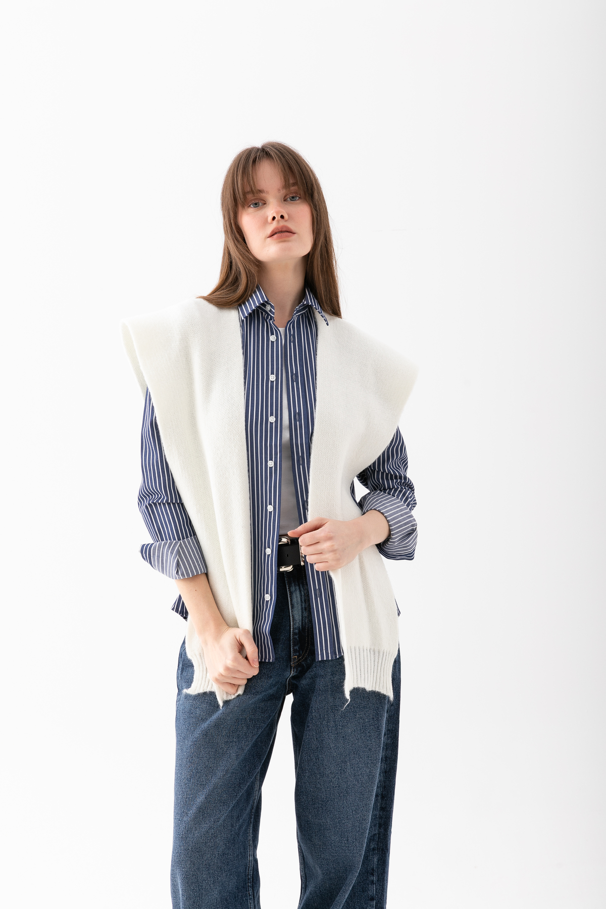 Loov  Yumoş Kare Yaka Bağlamalı Triko Atkı - Kare Parçalı Atkı - Triko Omuz Atkısı Ofis Günlük Moda Atkı - Görsel 3