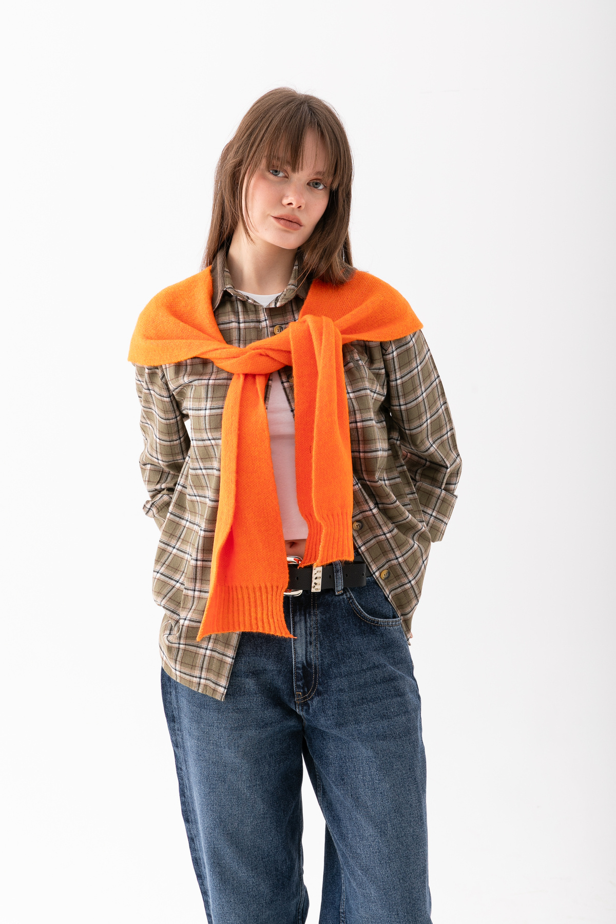 Loov  Yumoş Kare Yaka Bağlamalı Triko Atkı - Kare Parçalı Atkı - Triko Omuz Atkısı Ofis Günlük Moda Atkı