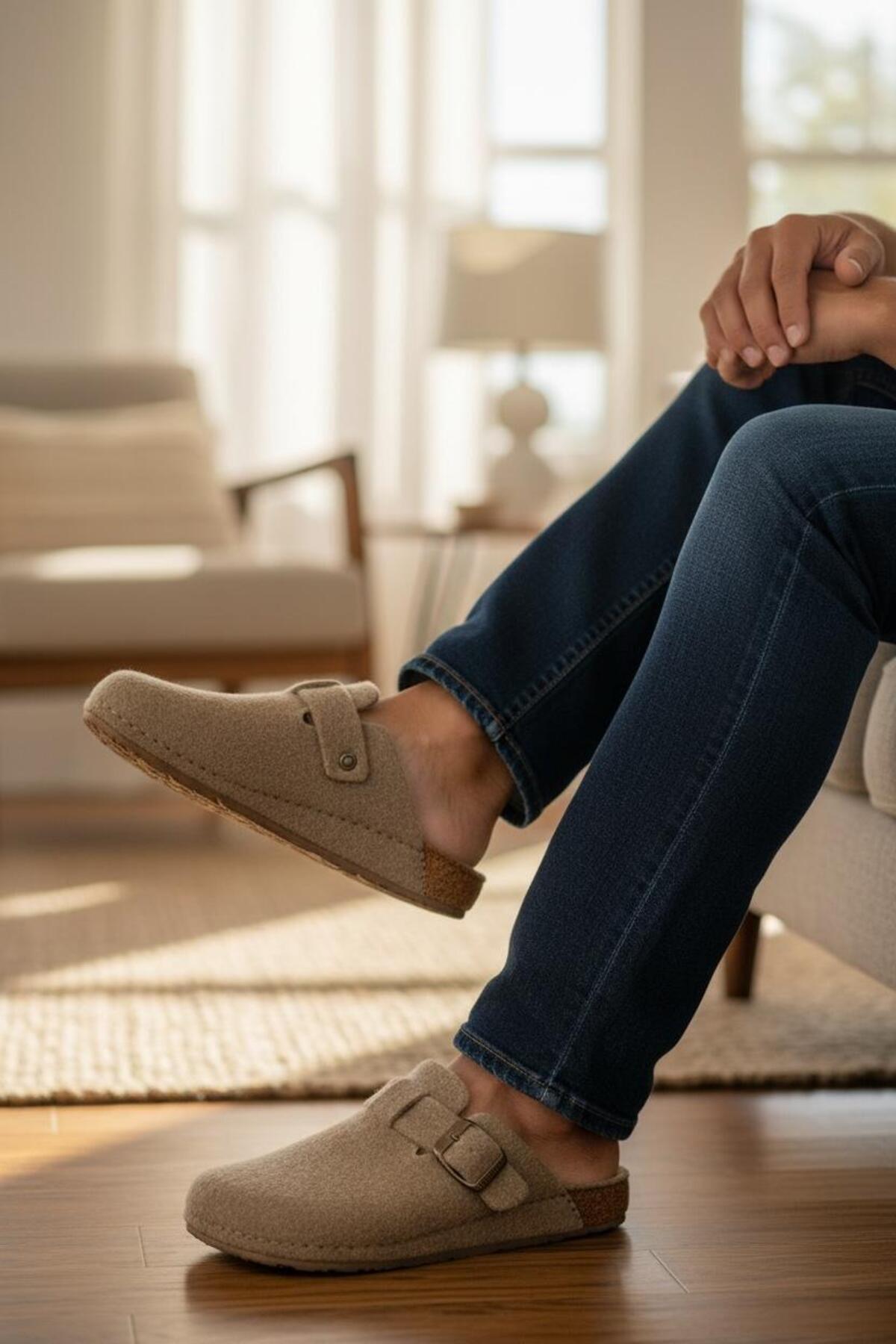 Twigy  Tam Ortopedik Keçe Erkek Rahat Ve Hafif Şık Bej Ev Terliği - Görsel 5