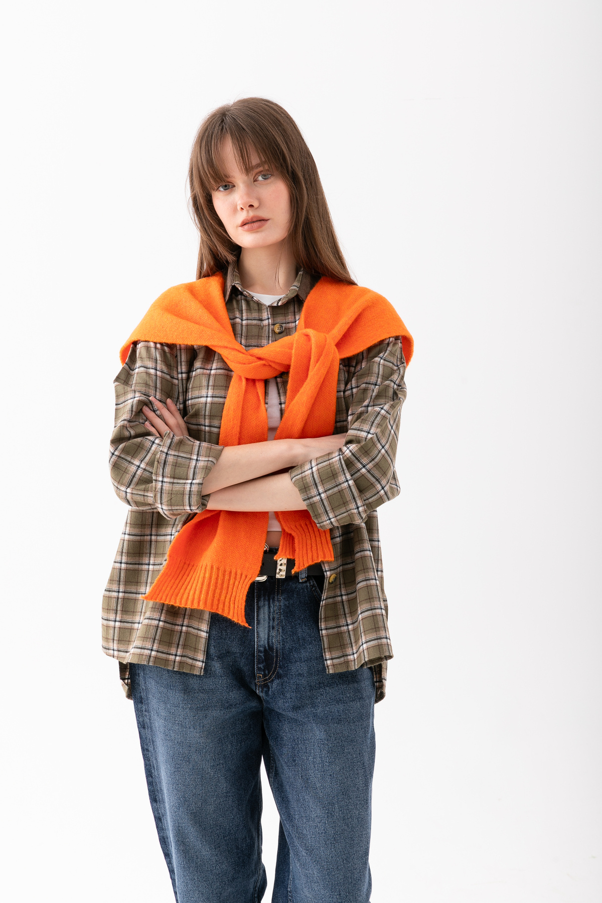 Loov  Yumoş Kare Yaka Bağlamalı Triko Atkı - Kare Parçalı Atkı - Triko Omuz Atkısı Ofis Günlük Moda Atkı - Görsel 6