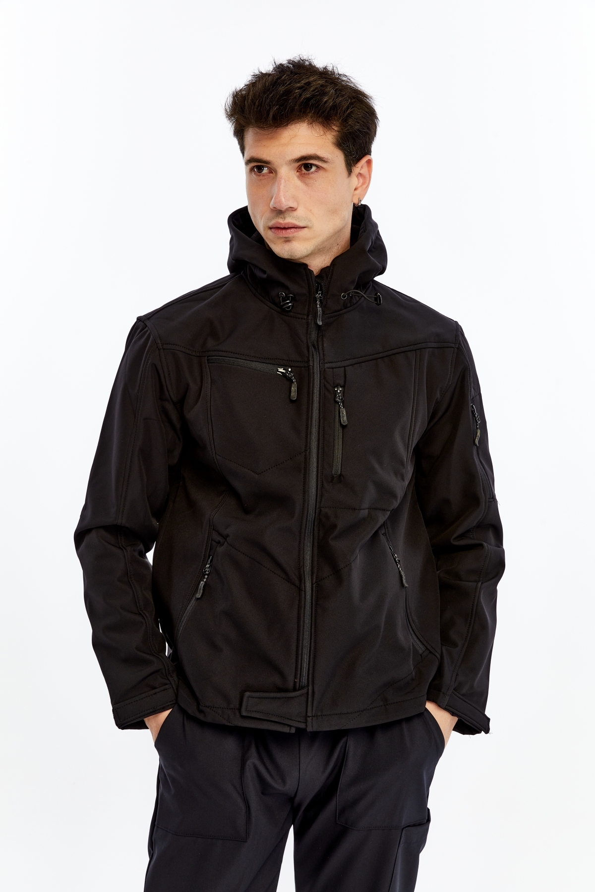 Uniprom Softshell Mont Kapşonlu Erkek Su Ve Rüzgar Geçirmez Mont Siyah 5 Cepli görsel 5