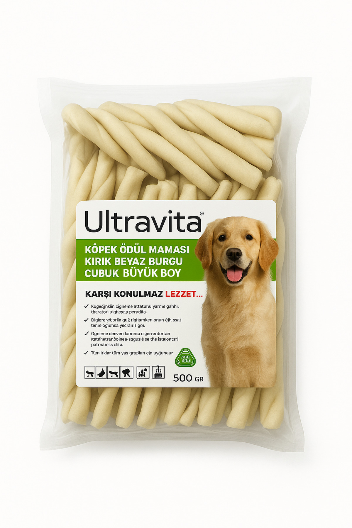 ULTRAVİTA 500Gr 15-20 Adet Kalın ve Büyük Beyaz Burgu Çubuk Köpek Ödül Maması Kemiği