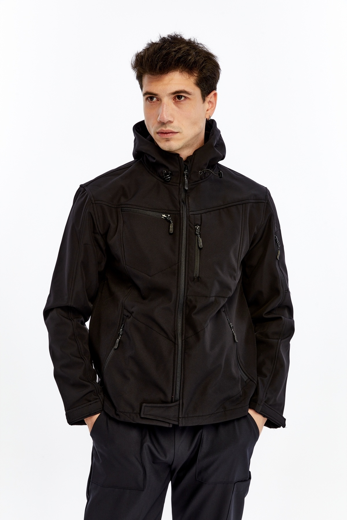 Uniprom Softshell Mont Kapşonlu Erkek Su Ve Rüzgar Geçirmez Mont Siyah 5 Cepli görsel 6