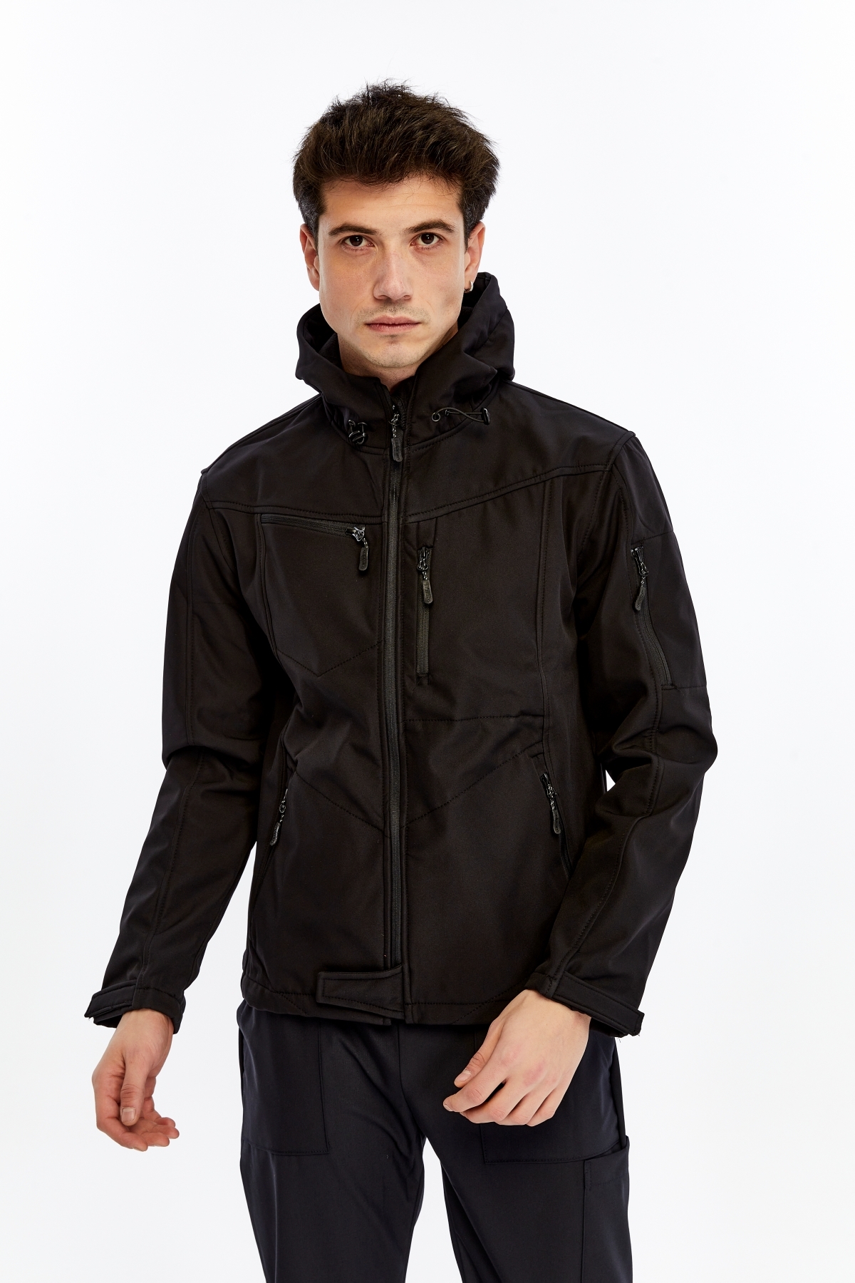 Uniprom Softshell Mont Kapşonlu Erkek Su Ve Rüzgar Geçirmez Mont Siyah 5 Cepli görsel 4