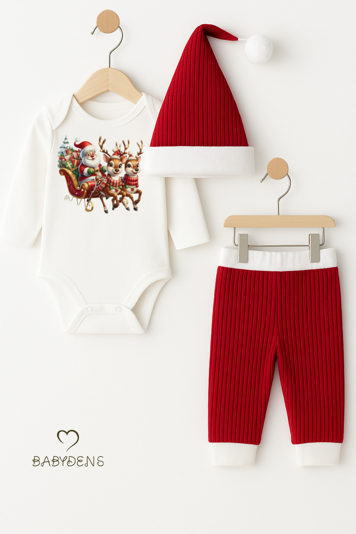 BABYDEN'S Bebek Yılbaşı Noel Kıyafeti 3’lü Takım,Noel Baskılı Uzun Kollu Body,Fitilli Pantolon,Ponponlu Şapka fotoğrafı 2 (önizleme)