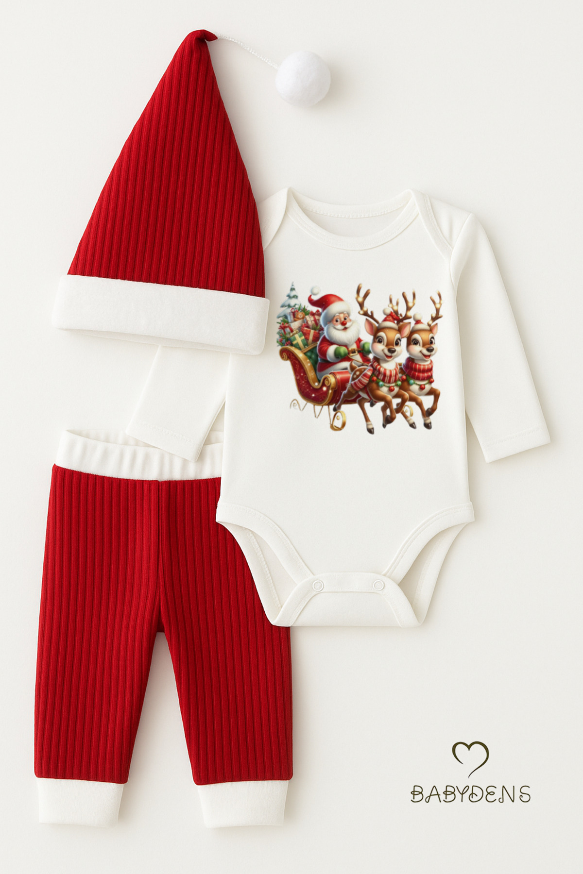 BABYDEN'S Bebek Yılbaşı Noel Kıyafeti 3’lü Takım,Noel Baskılı Uzun Kollu Body,Fitilli Pantolon,Ponponlu Şapka fotoğrafı 3 (önizleme)