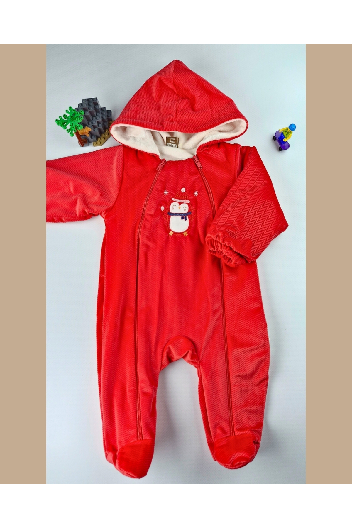 Asliva fashion Asliva Kırmızı Penguen Nakışlı Kadife İçi Peluş Welsoft Çift Fermuarlı Kışlık Astronot Tulum-3-12 ay fotoğrafı 3 (önizleme)