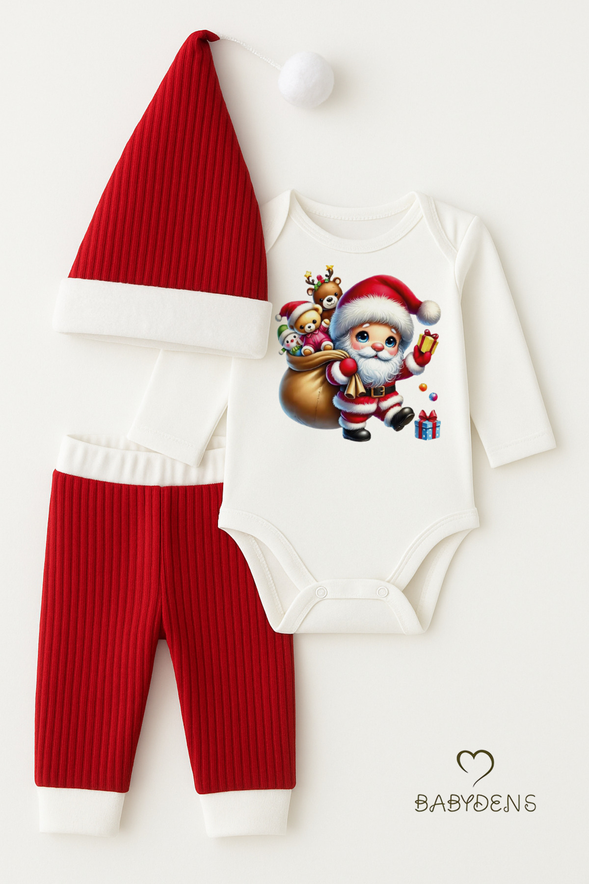 BABYDEN'S Bebek Yılbaşı Noel Kıyafeti 3’lü Set ,Santa Baskılı Uzun Kollu Body, Kırmızı Fitilli Pantolon,Şapka fotoğrafı 3 (önizleme)