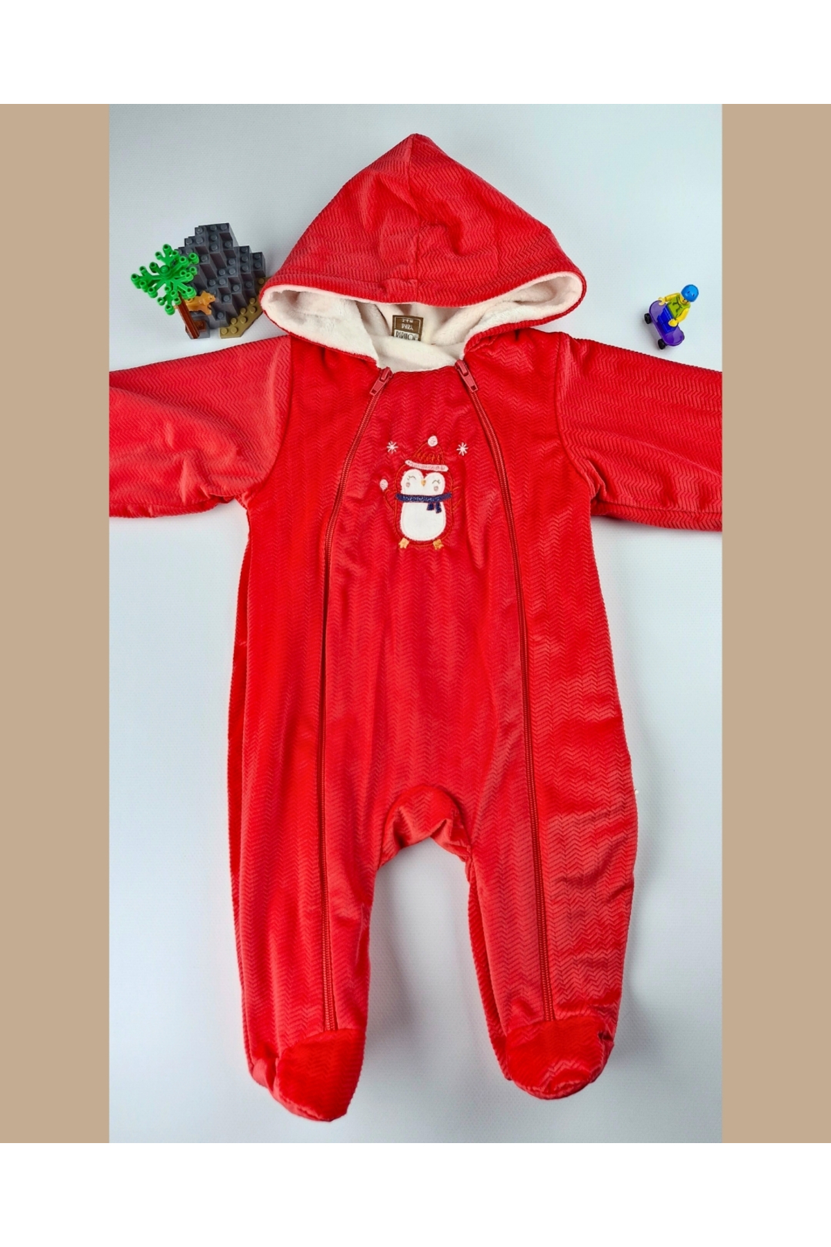 Asliva fashion Asliva Kırmızı Penguen Nakışlı Kadife İçi Peluş Welsoft Çift Fermuarlı Kışlık Astronot Tulum-3-12 ay fotoğrafı 2 (önizleme)