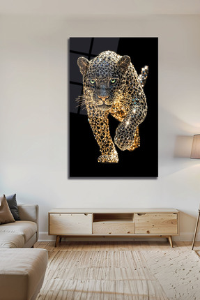 B&G DESIGN Pırlanta Efektli Leopar Tablo Dekoratif Cam Tablo Luxury Panter Pı...