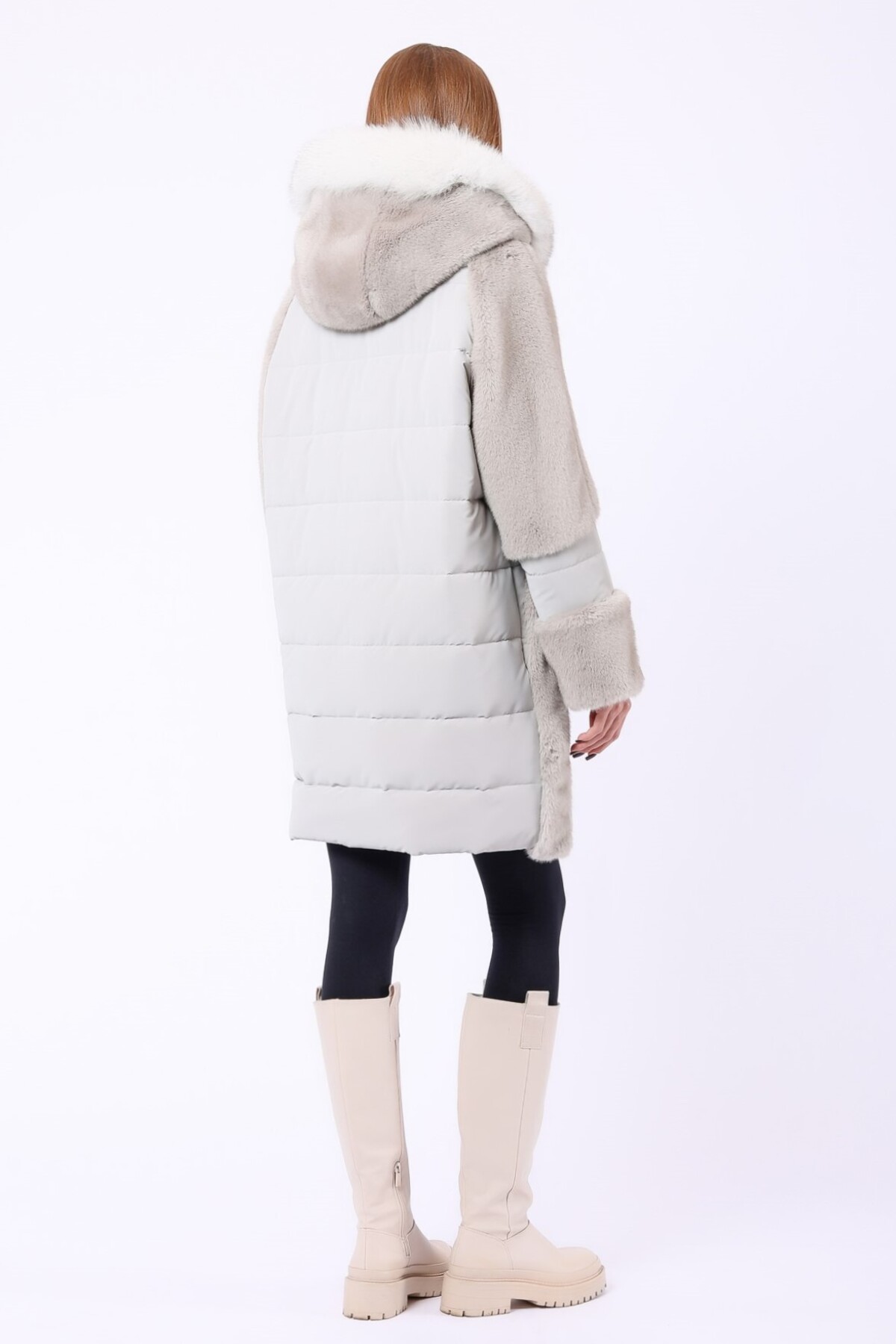 Leather Club  Bej Fox Aksesuarlı Hakiki Kuzu Derisi Garnili Yün Puffer Kaban - Görsel 3