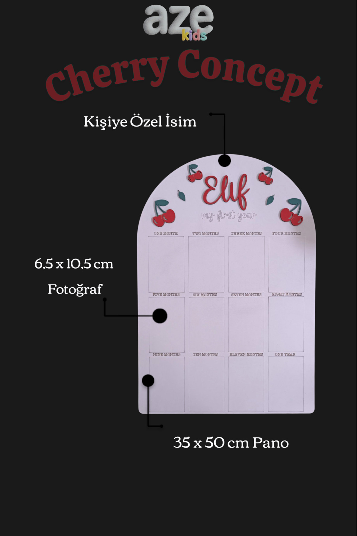 aze kids İsme Özel KİRAZ Temalı Ahşap İlk Yıl Anı Panosu 12 Aylık Bebek Hatırası Doğum Günü Süsü fotoğrafı 4 (önizleme)