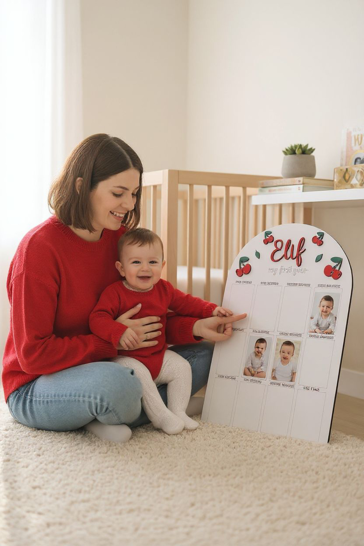 aze kids İsme Özel KİRAZ Temalı Ahşap İlk Yıl Anı Panosu 12 Aylık Bebek Hatırası Doğum Günü Süsü fotoğrafı 2 (önizleme)