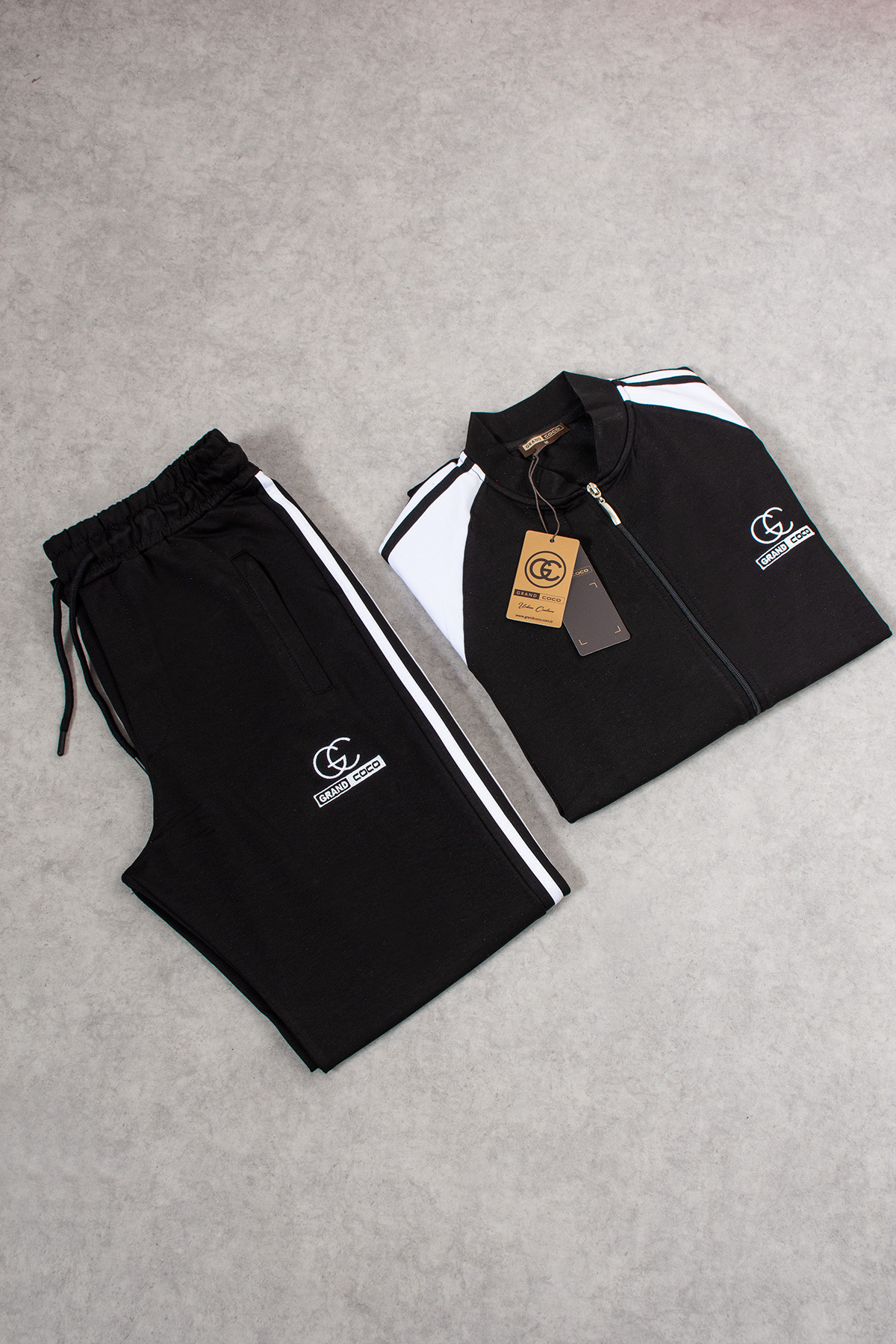 grand coco  Erkek 2 İplik Penye Kumaş Paça Geniş Siyah Beyaz Eşofman Takımı - Görsel 2