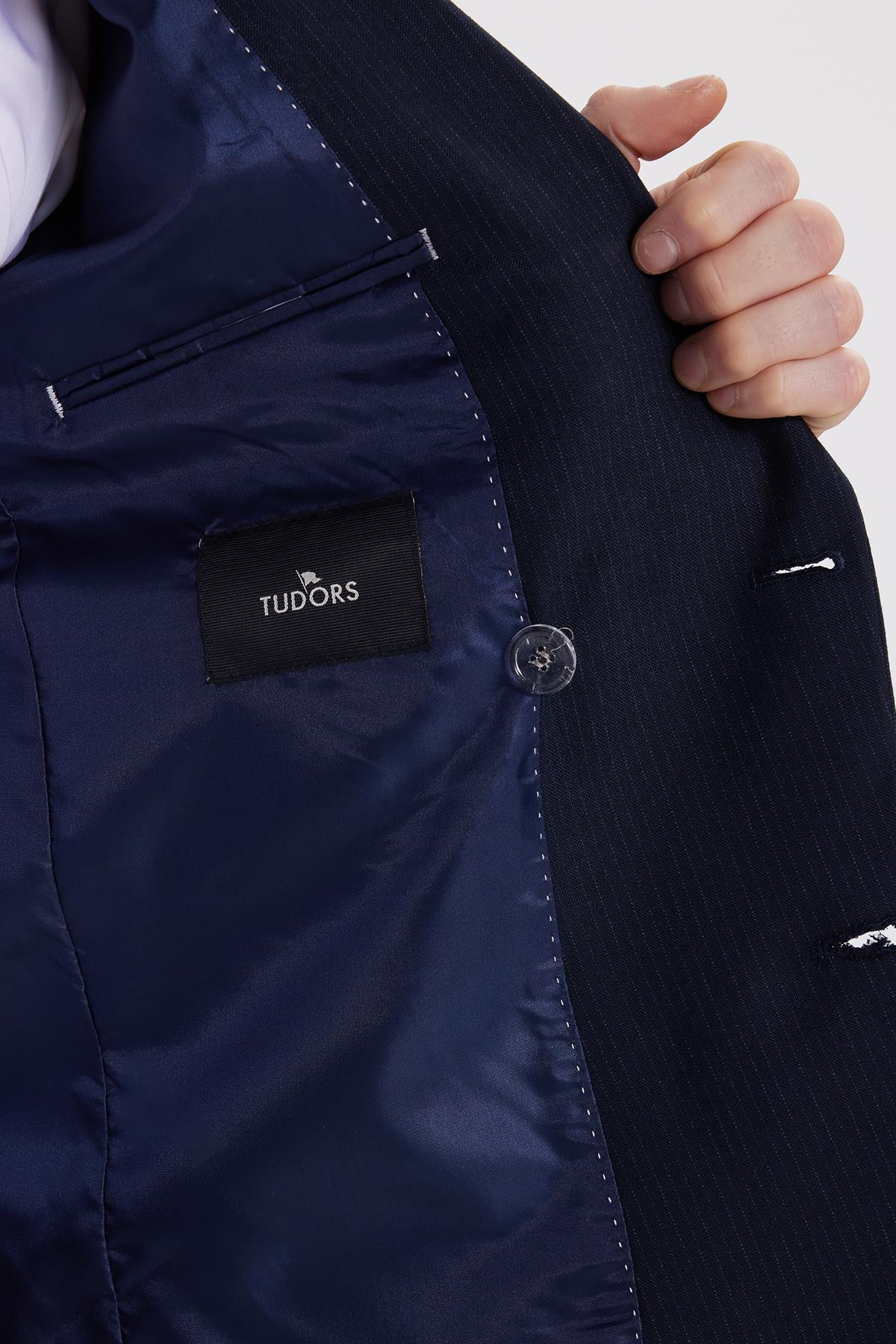 Tudors Erkek Slim Fit Sivri Yaka Çizgili Kapaklı Cepli Lacivert Takım Elbise görsel 8