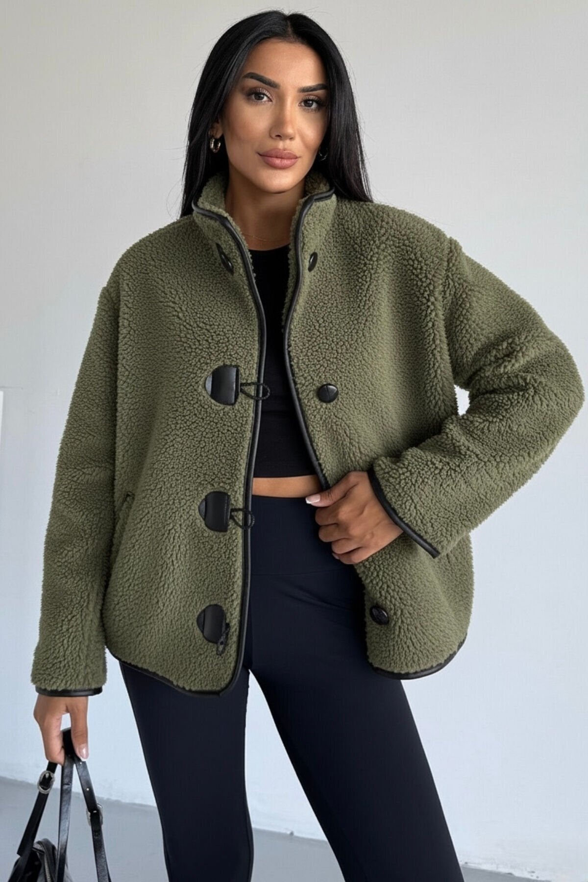 hiramir  Peluş Deri Biyeli Çoban Düğmeli Mont KS2504 - Görsel 4