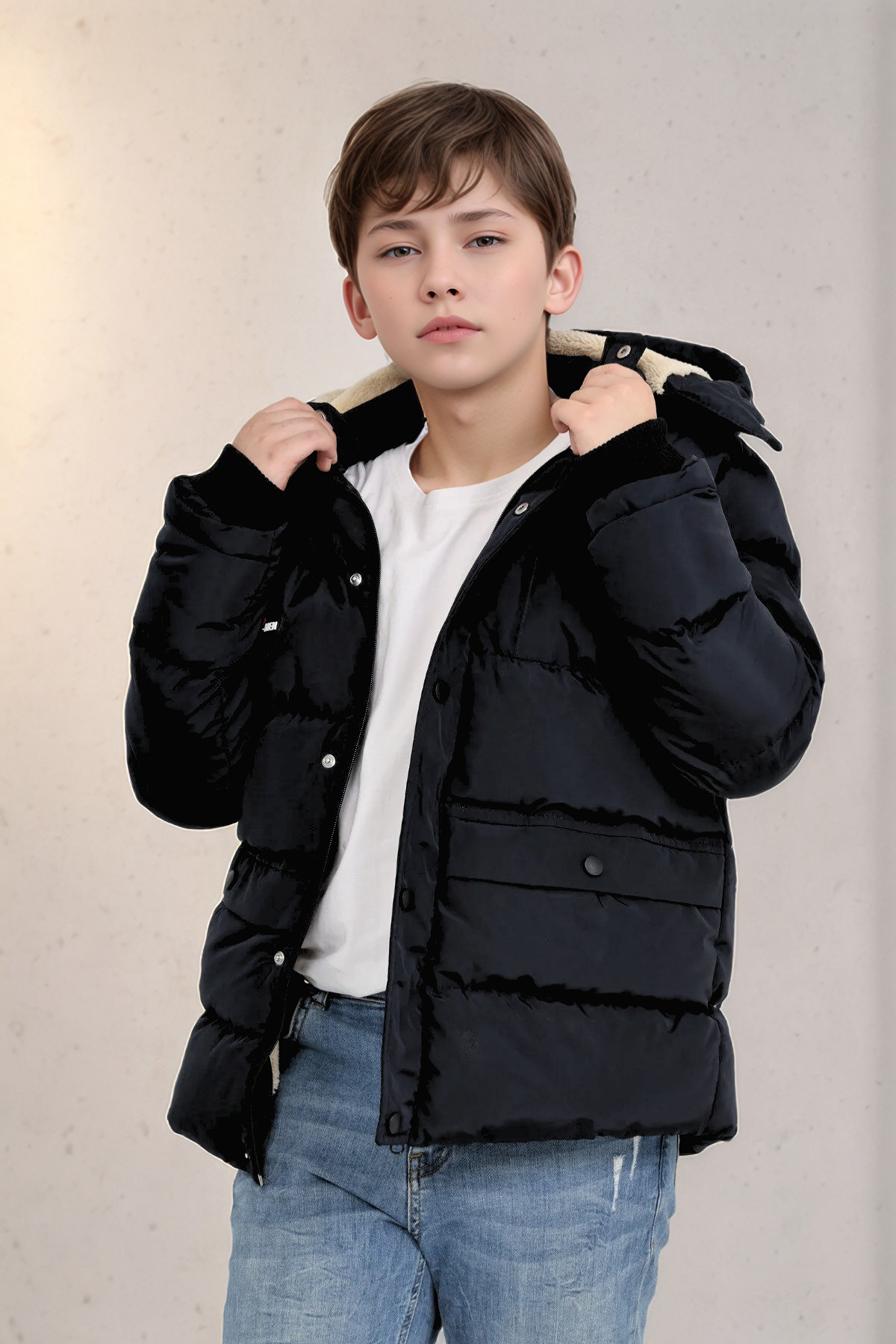  کاپشن مشکی ضد باد، کلاه دار، آستر پشمی، پدگذاری شده با الیاف، زمستانی پسرانه