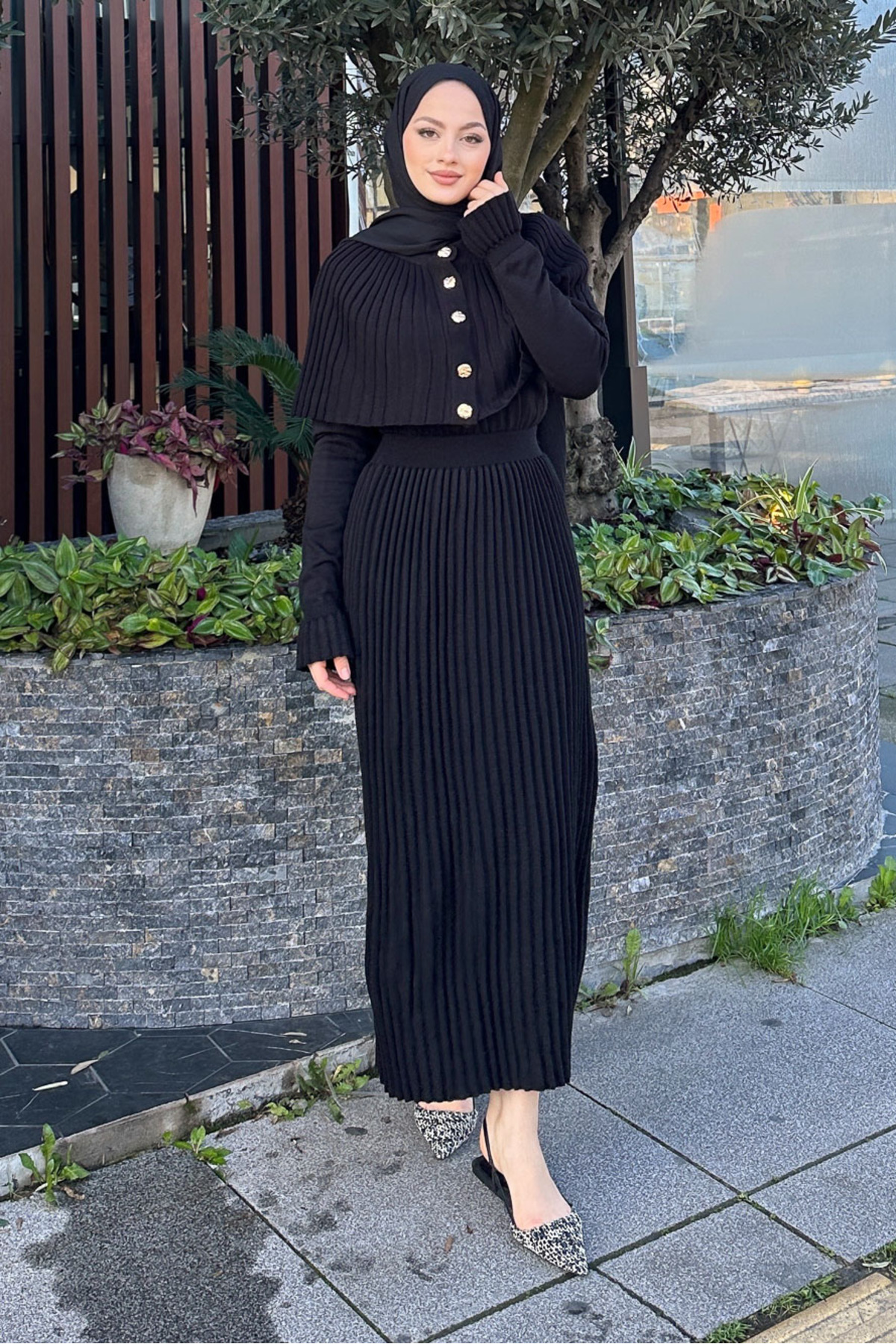 erk giyim  Pelerinli İki Parça Triko Elbise - Siyah - Görsel 2