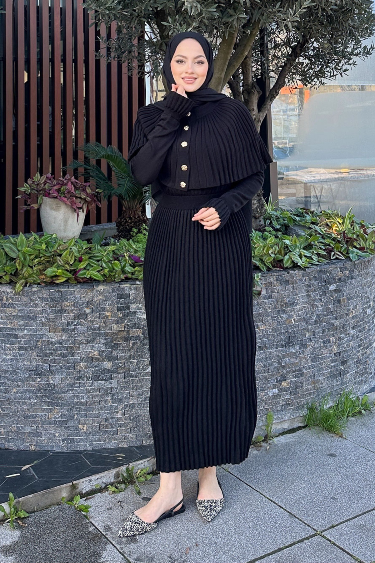 erk giyim  Pelerinli İki Parça Triko Elbise - Siyah - Görsel 6