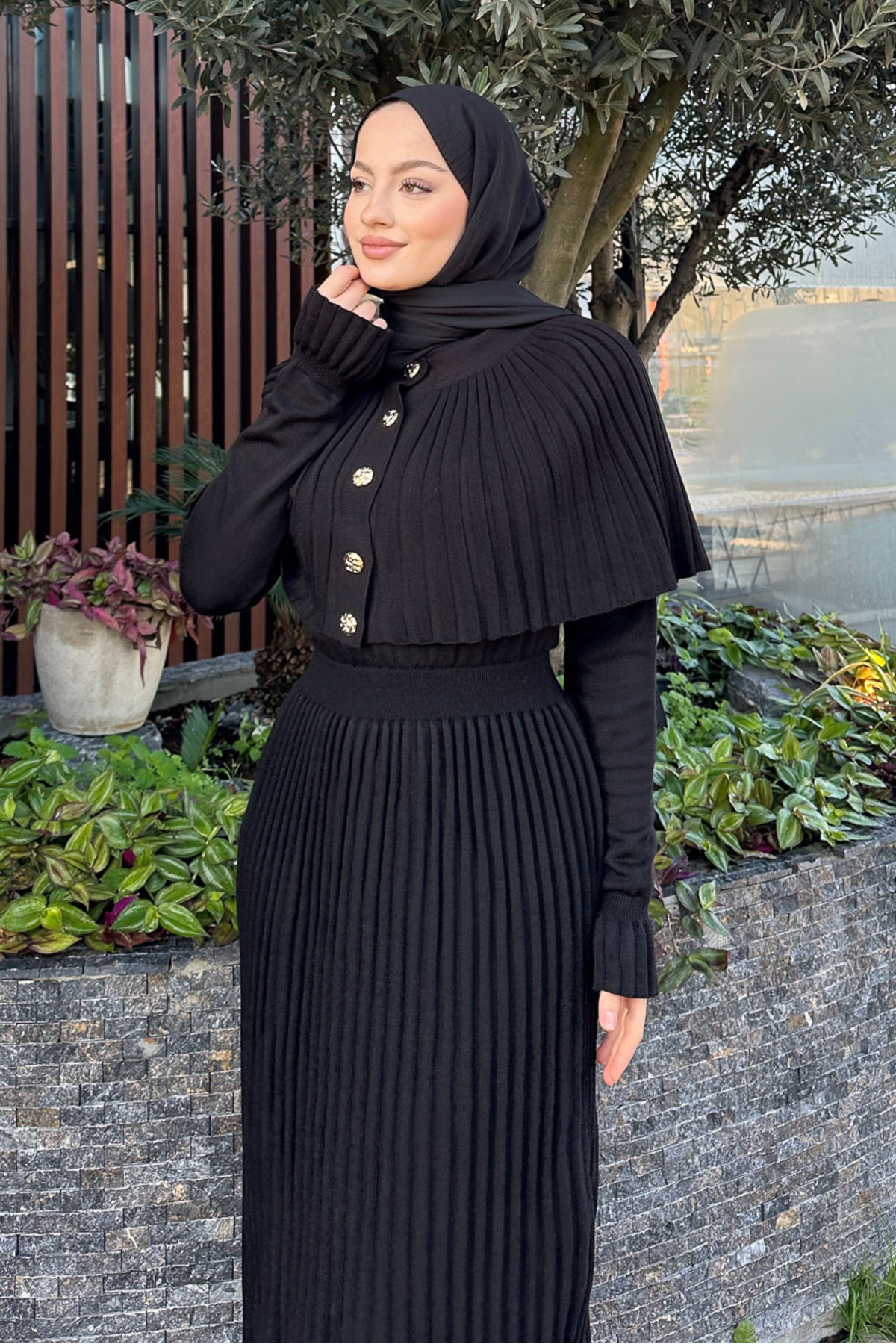 erk giyim  Pelerinli İki Parça Triko Elbise - Siyah - Görsel 5