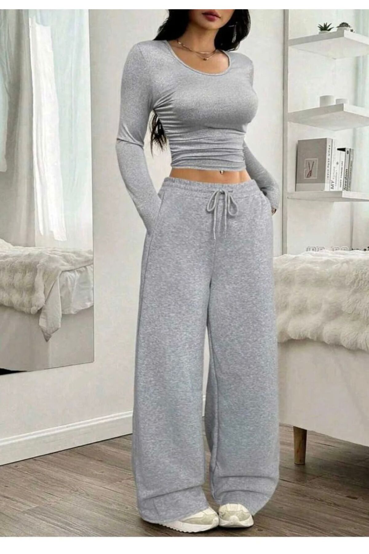 SULVERY  ÜÇ ADET SİYAH GRİ LACİVERT BOL KALIP DÜZ PAÇA MEVSİMLİK KUMAŞ EŞOFMAN ALTI - Görsel 3