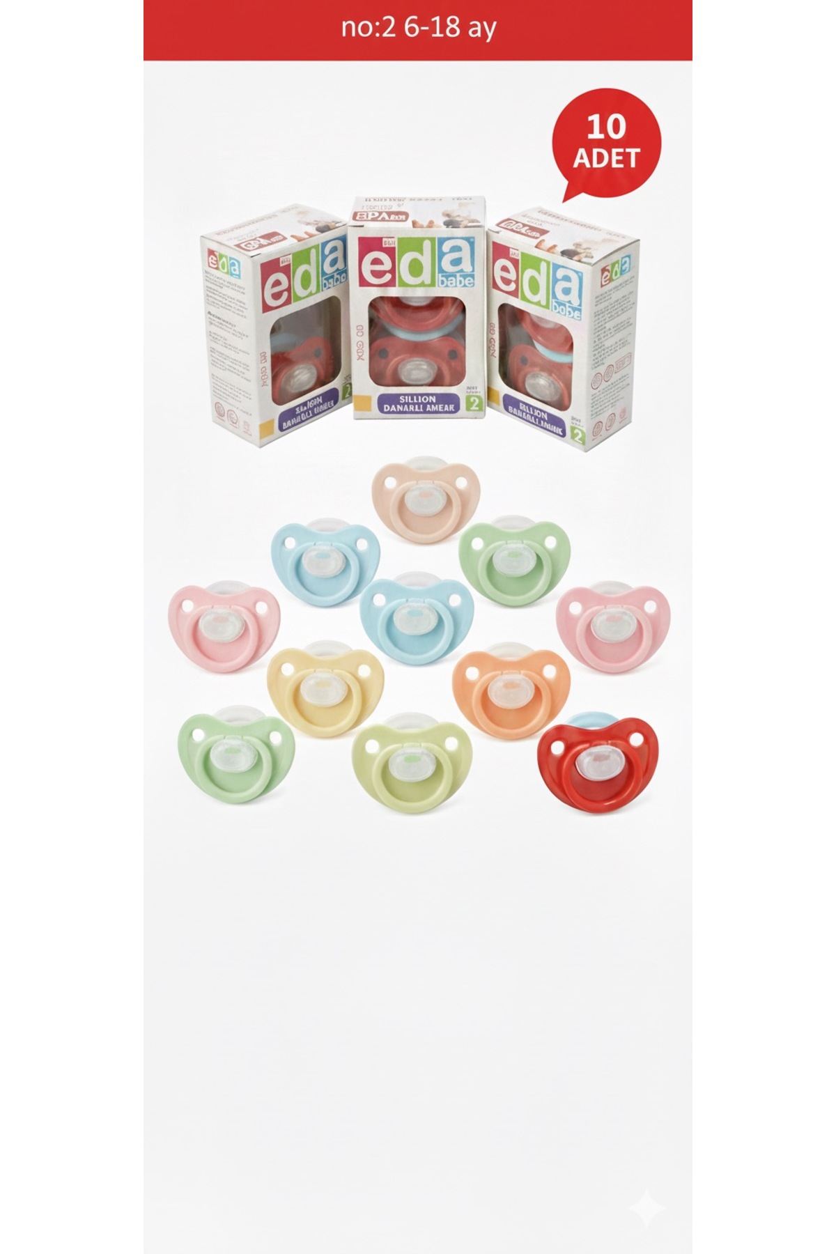 LUX EDA BEBE 10'lu Ekonomik Set Premium Silikon Damaklı Emzik | No:2 6-18 Ay | Bpa Free