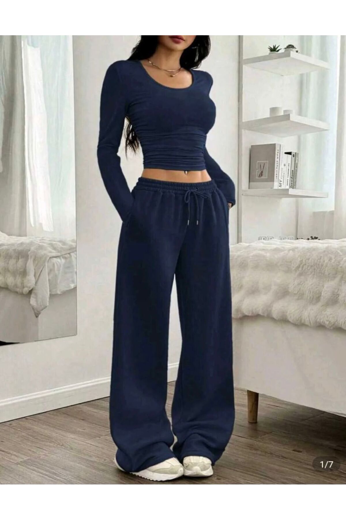 SULVERY  ÜÇ ADET SİYAH GRİ LACİVERT BOL KALIP DÜZ PAÇA MEVSİMLİK KUMAŞ EŞOFMAN ALTI - Görsel 4