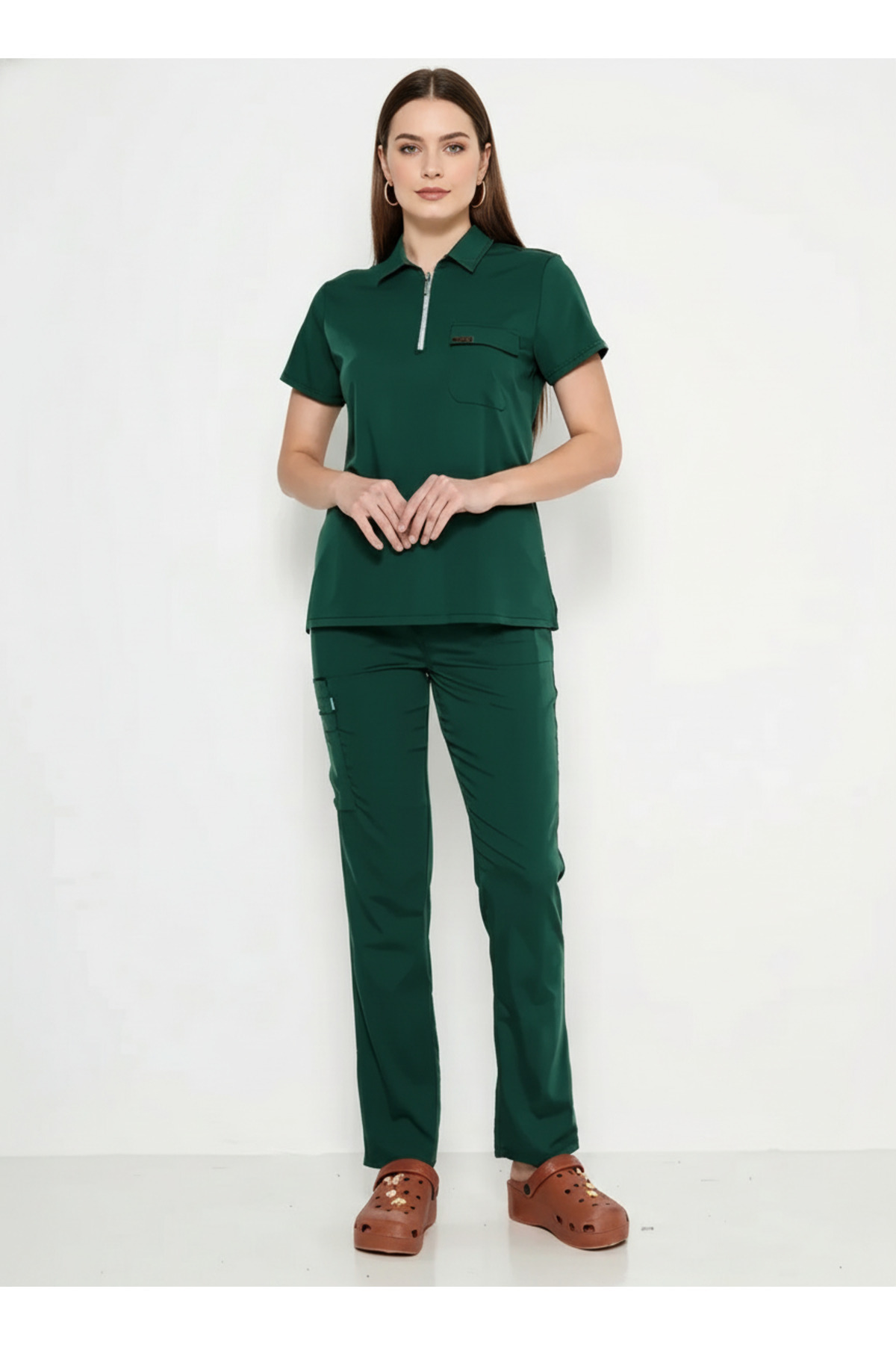 Class Üniforma Polo Yaka Avcı Yeşili Medikal Hemşire Doktor Üniforma Scrubs Üniforma Kadın