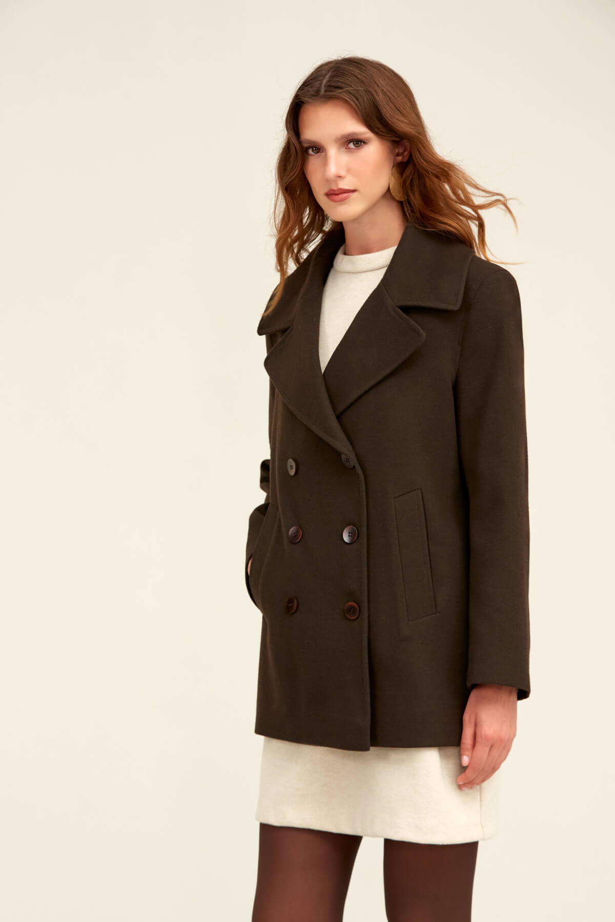 Hatemoğlu  Saykı Woman Kahverengi Dinamik Fit Kruvaze Kaşe Mont - Görsel 6