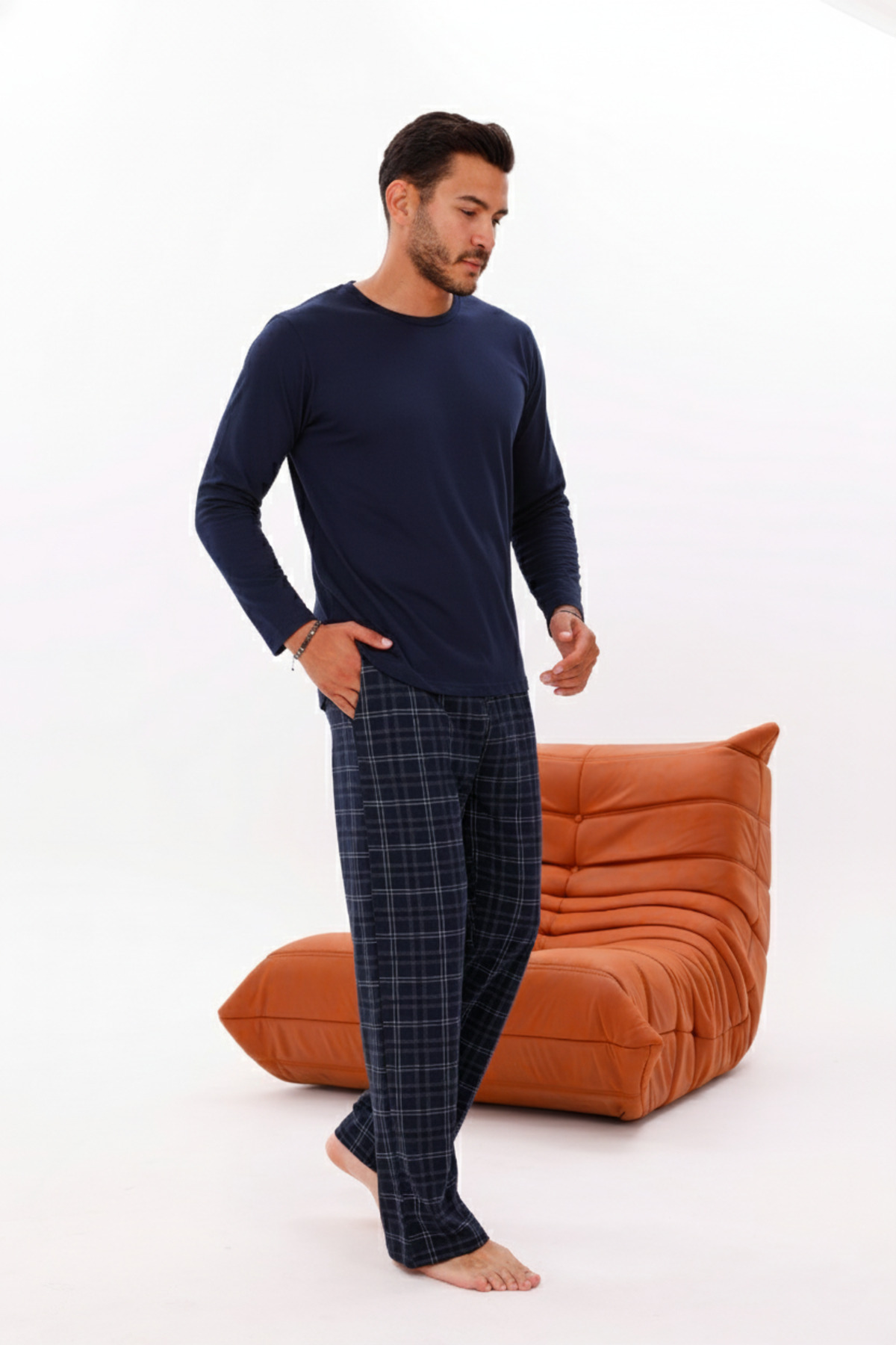 Pijamasoft  Erkek Cepli Uzun Kollu Lacivert Ekose Baskılı Pamuklu Örme Pijama Takımı - Görsel 3