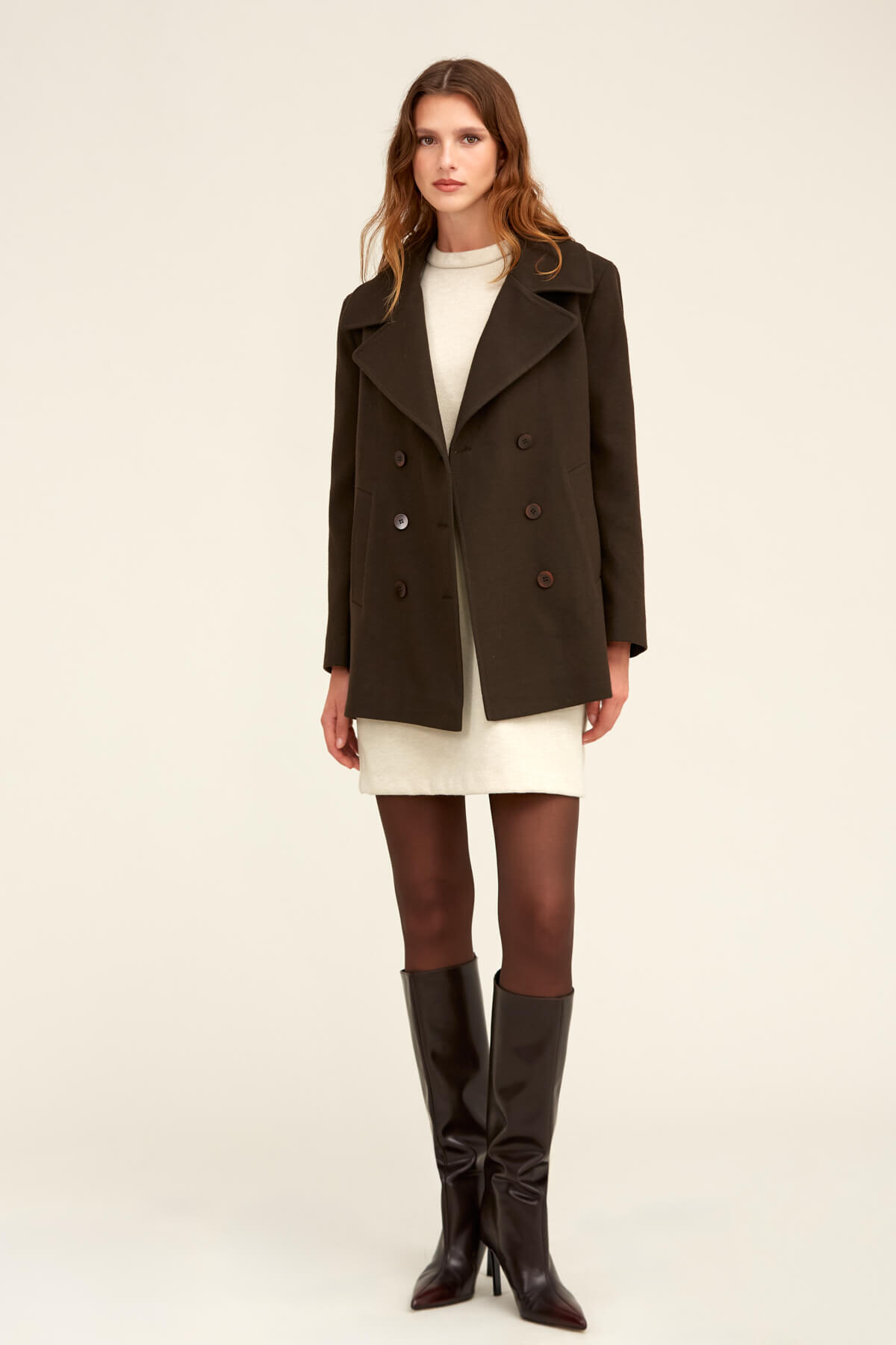 Hatemoğlu  Saykı Woman Kahverengi Dinamik Fit Kruvaze Kaşe Mont - Görsel 5