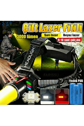 farissu 4 Pilli Set! 3000 Lümen Çift Işık (Sarı/Beyaz) Şarjlı Kafa Feneri - S...