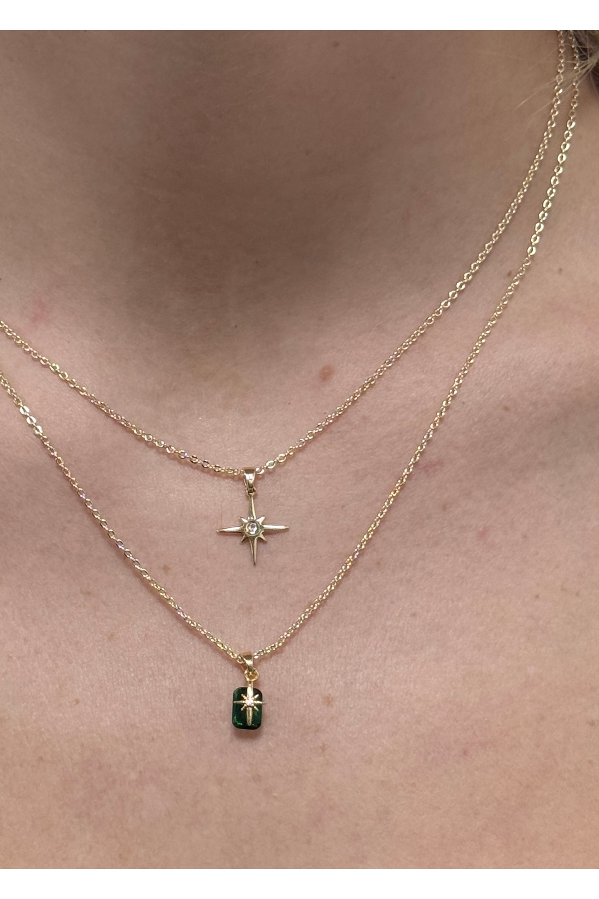 KİLİGİSTANBUL 2'Lİ KUZEY YILDIZI YEŞİL TAŞLI KOLYE