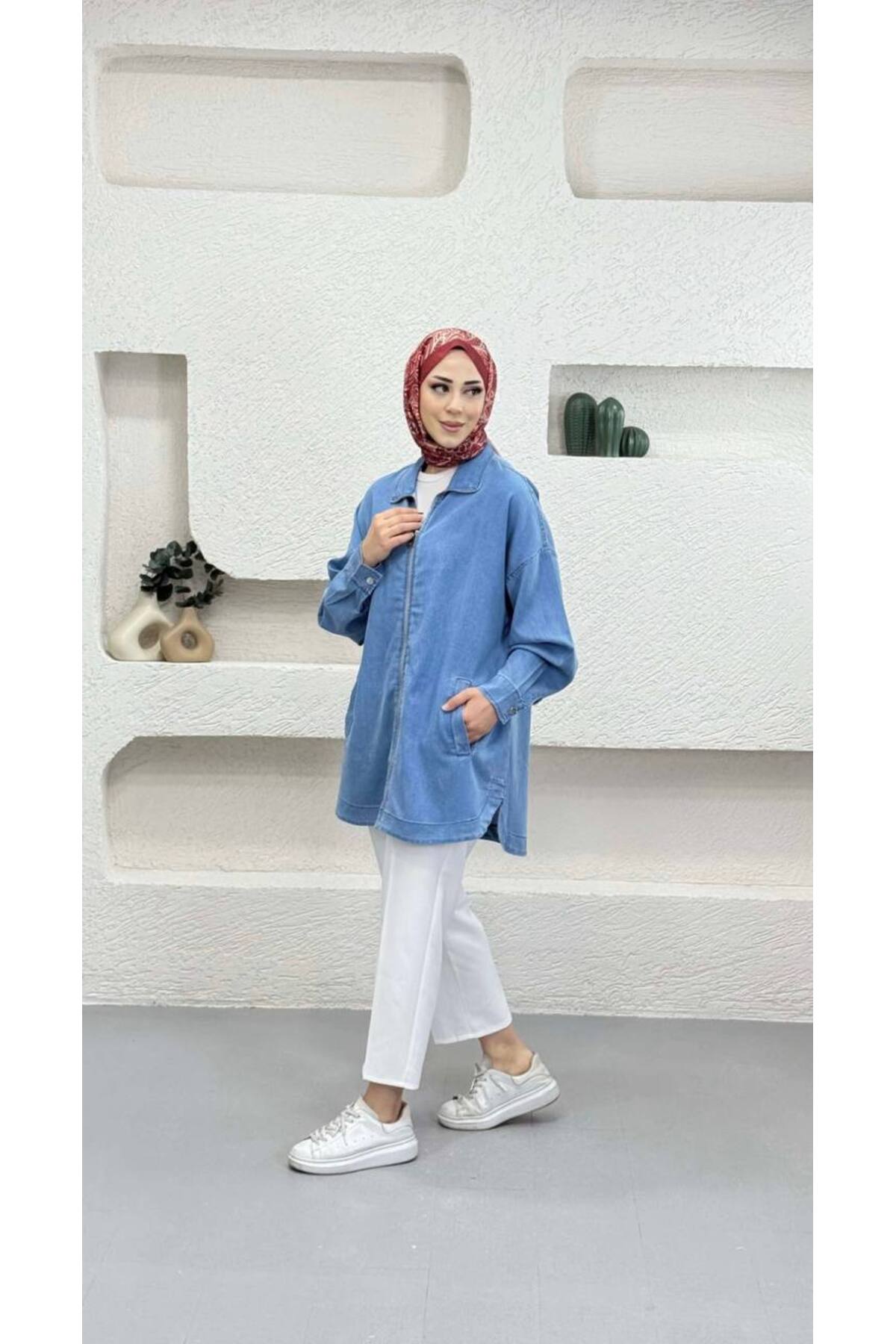 My City  5647 - Şık Rahat Fermuarlı uzun Tunik Kot Ceket - Görsel 2