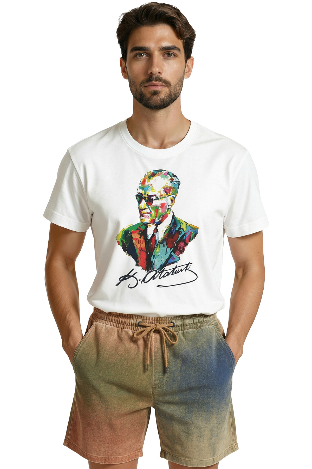 Custom Design Premium Men's T-Shirt with Colorful Atatürk Portrait and Signature