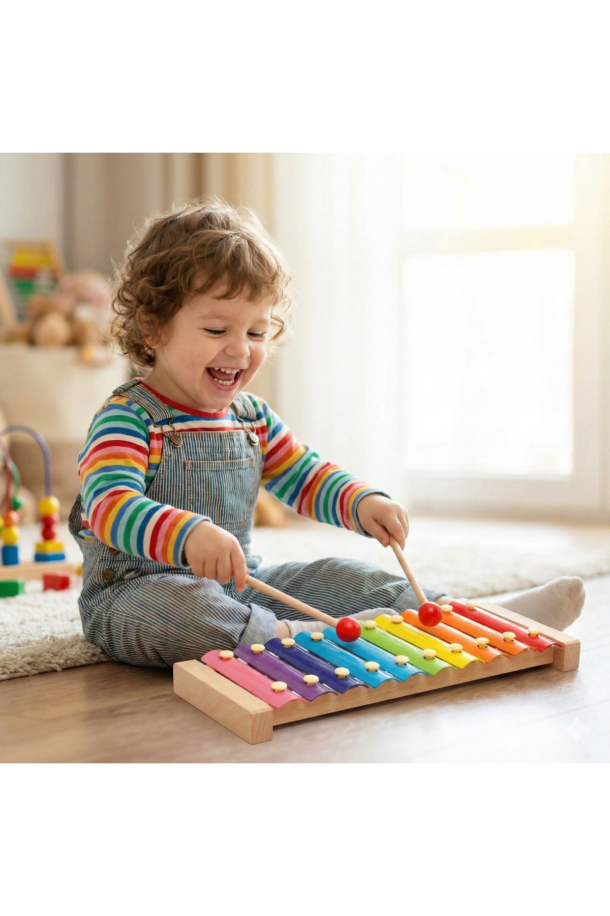 زیلوفون چوبی برای کودکان – اسباب‌بازی ساز موسیقی رنگین‌کمانی با ۲ چکش چوبی، اسباب‌بازی آموزشی برای نوزادان