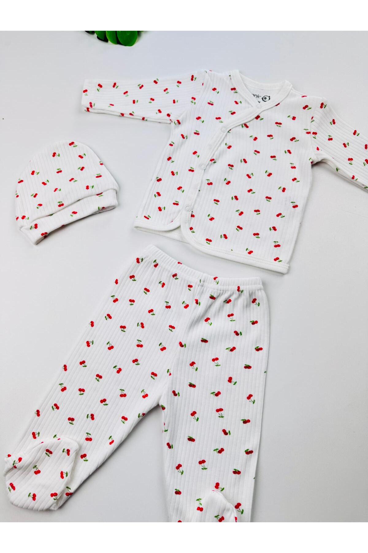 EFU BABY 3lü Kiraz Desenli Bereli %100 Pamuklu Kız Bebek Yenidoğan Zıbın Set fotoğrafı 6 (önizleme)