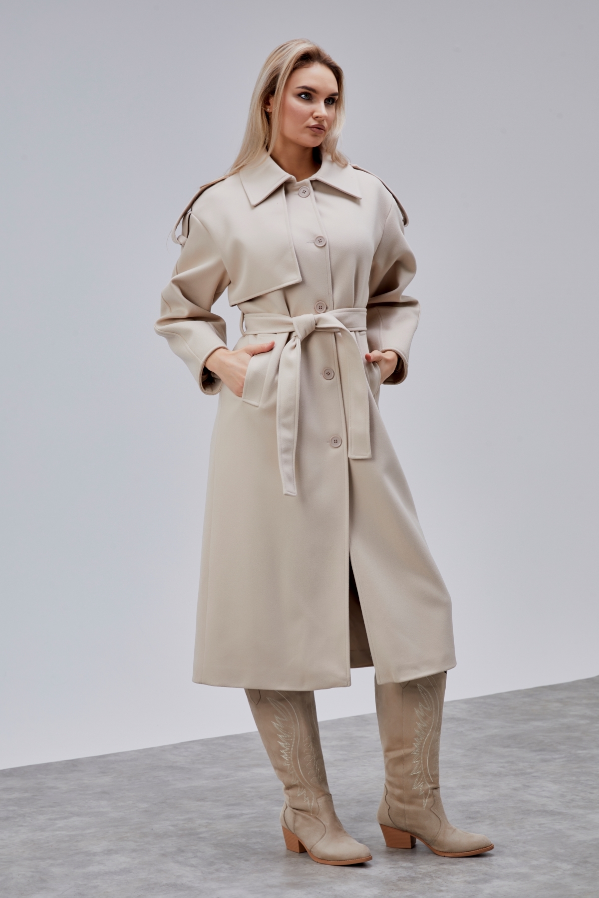 Bolivente  Marvella Bej Premium Apoletli Rüzgarlık Detaylı Kaşe Kaban - Görsel 4