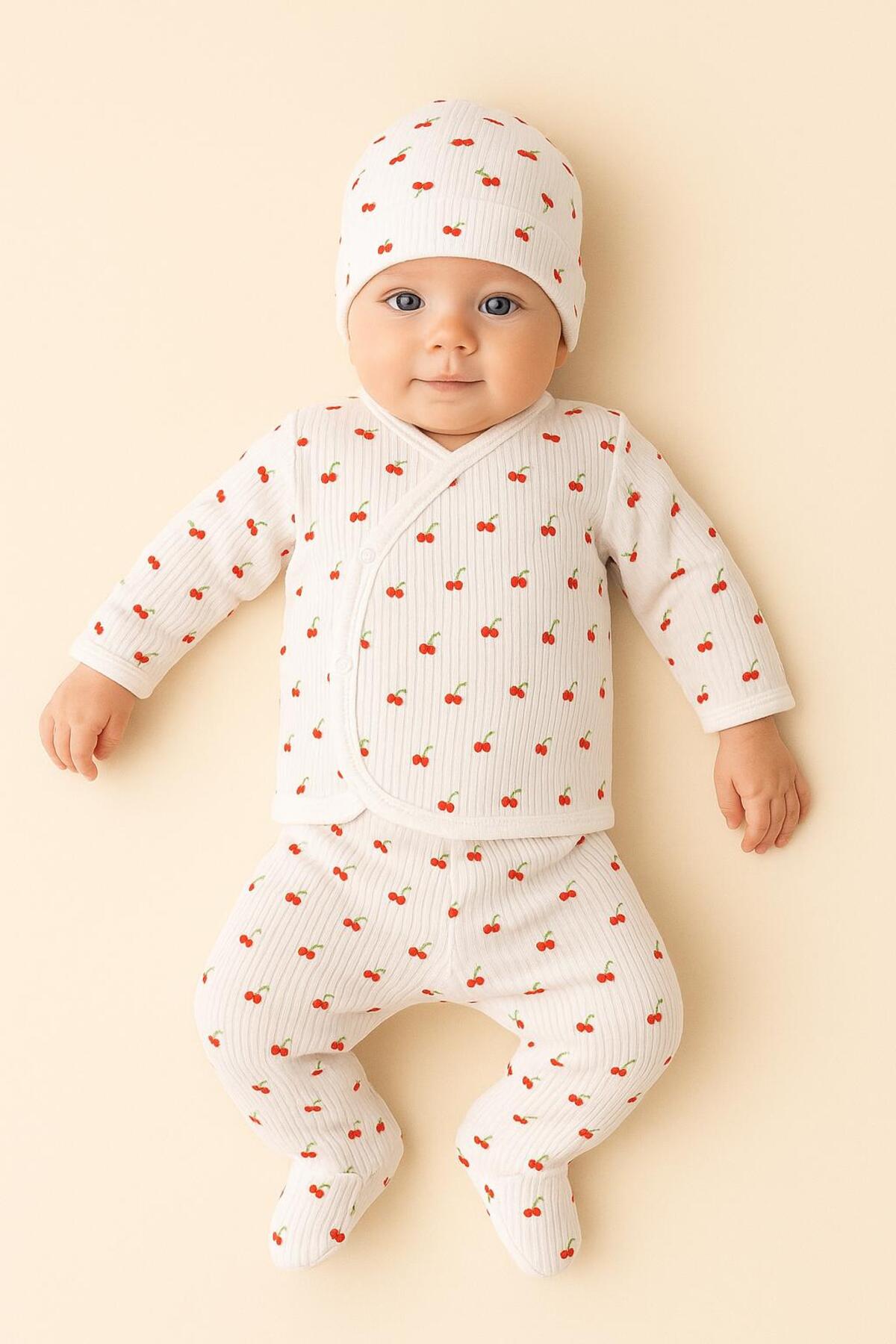 EFU BABY 3lü Kiraz Desenli Bereli %100 Pamuklu Kız Bebek Yenidoğan Zıbın Set fotoğrafı 2 (önizleme)