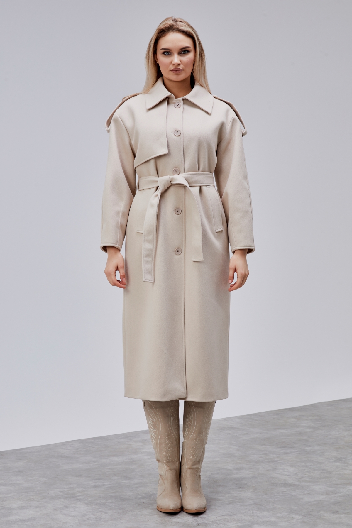 Bolivente  Marvella Bej Premium Apoletli Rüzgarlık Detaylı Kaşe Kaban - Görsel 6